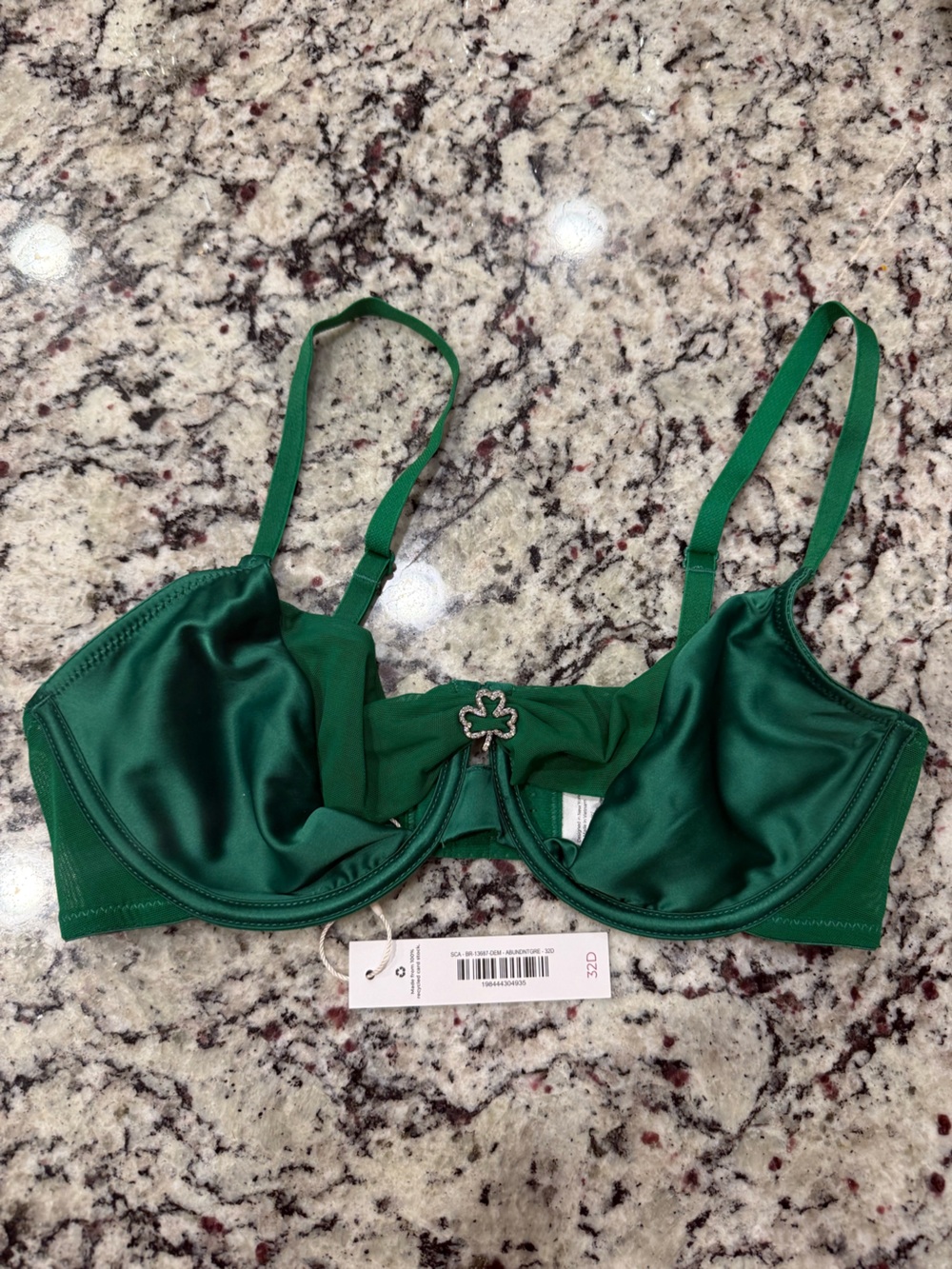 Adore Me Emerald Green Satin Underwire Bra with Clover Charm